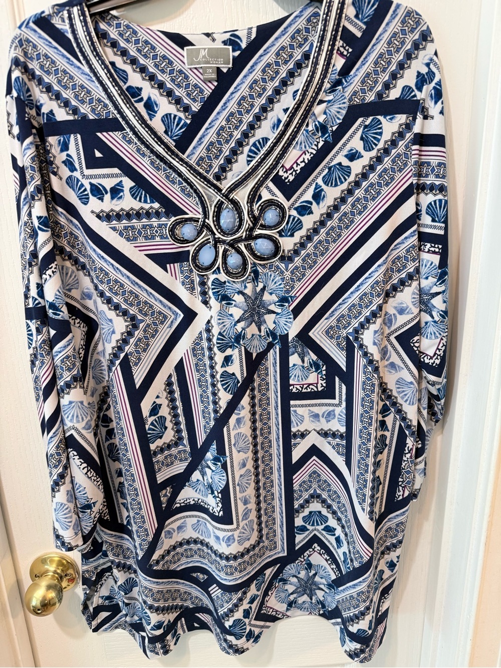 JM Collection Blue Patterned V-Neck Embellished Women's Top
